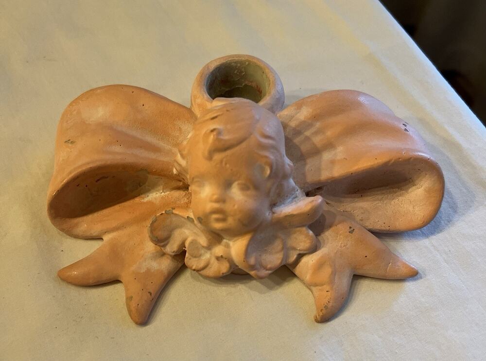 Vintage Pink Cherub Angel Bow Candle Holder Made in Taiwan Coquette Cottagecore